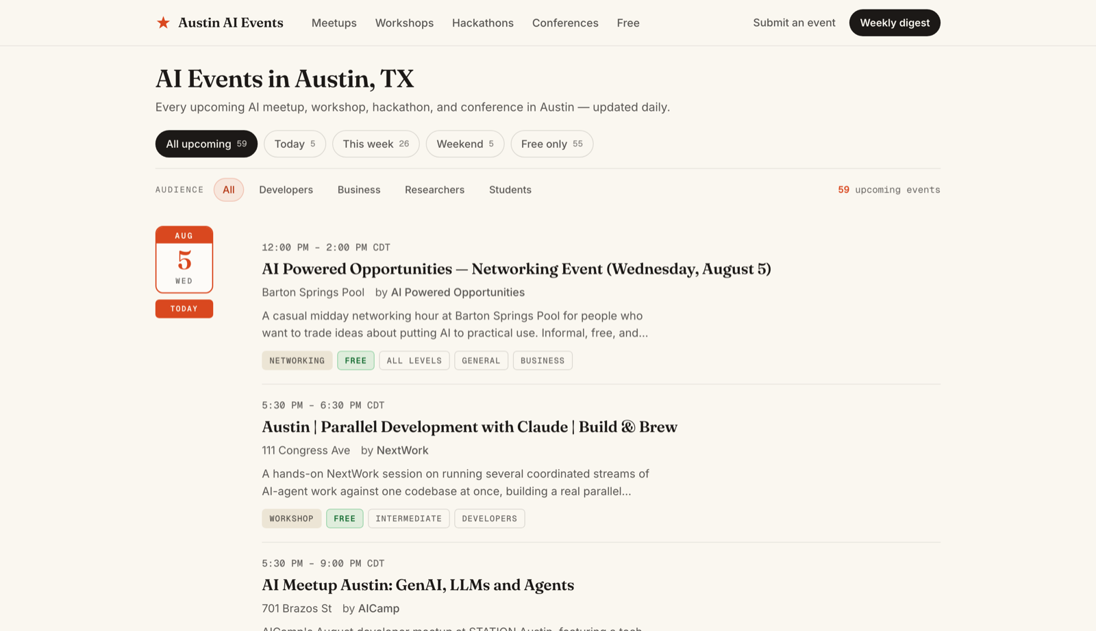 The Austin AI Events calendar, curated daily by an autonomous agent