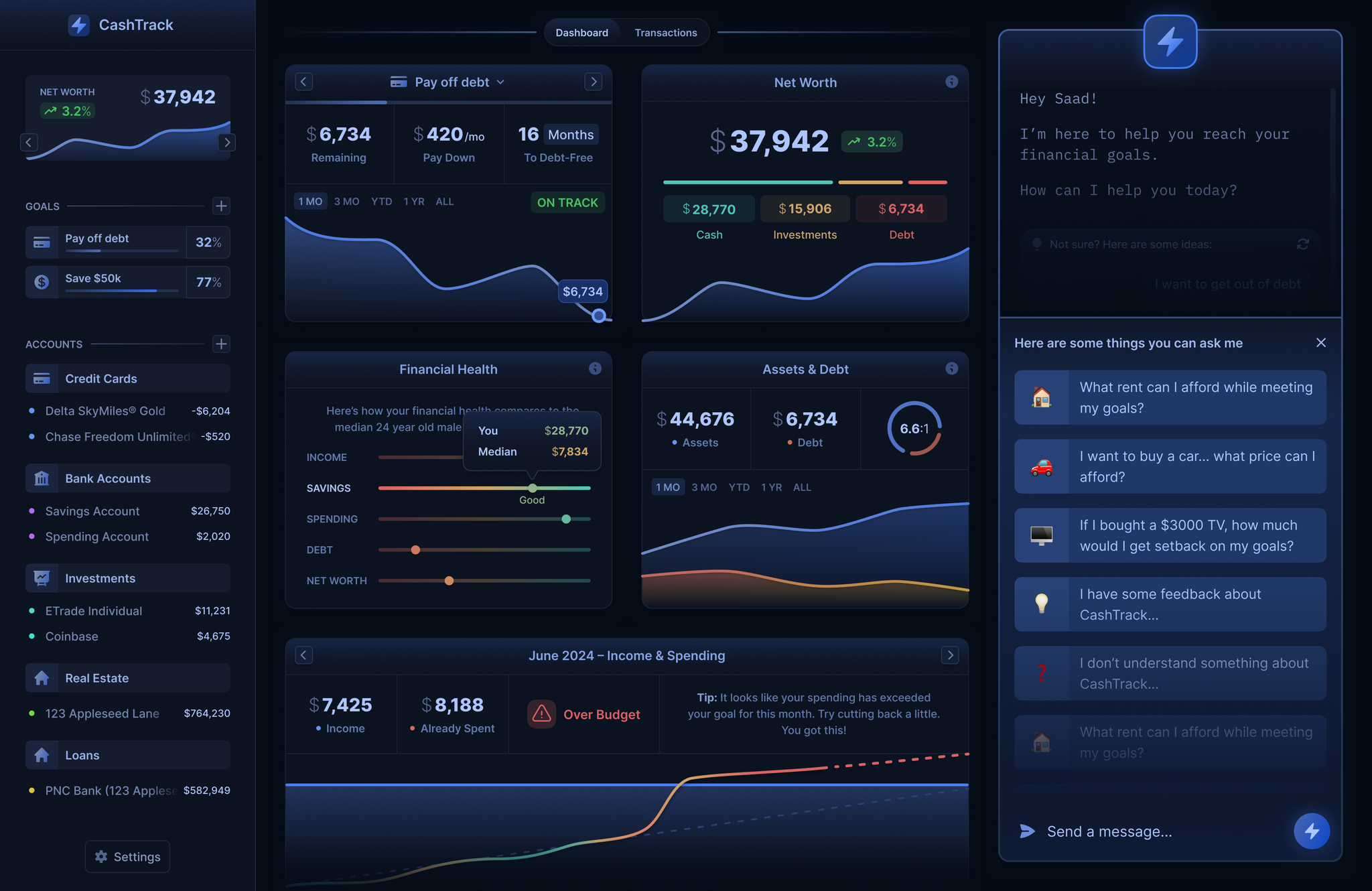 Dashboard with net worth tracking, goals, accounts, and financial health comparison