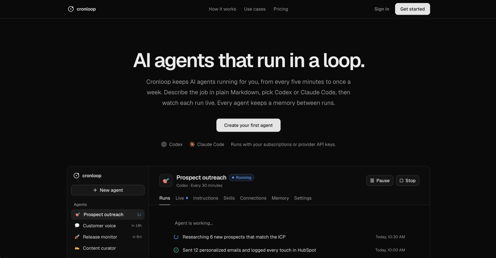 The Cronloop dashboard: an agent running a prospect outreach loop every 30 minutes