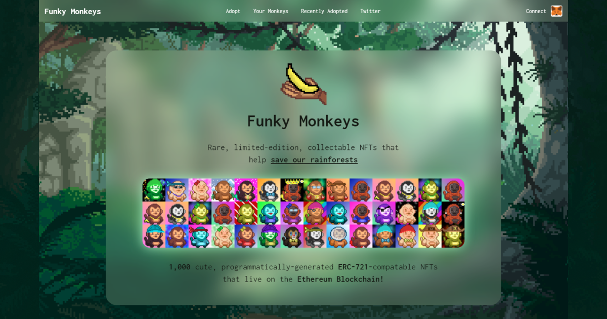 Funky Monkeys website with pixelated rainforest background