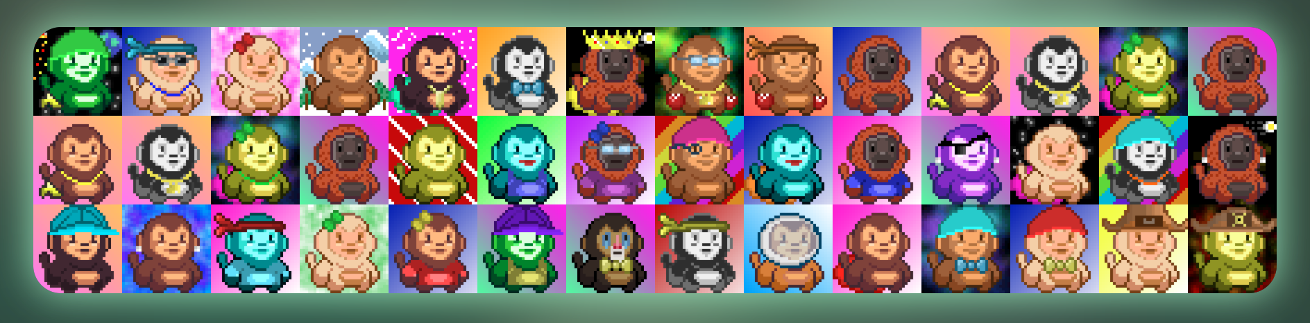 Grid of sample Funky Monkeys with varying accessories and backgrounds
