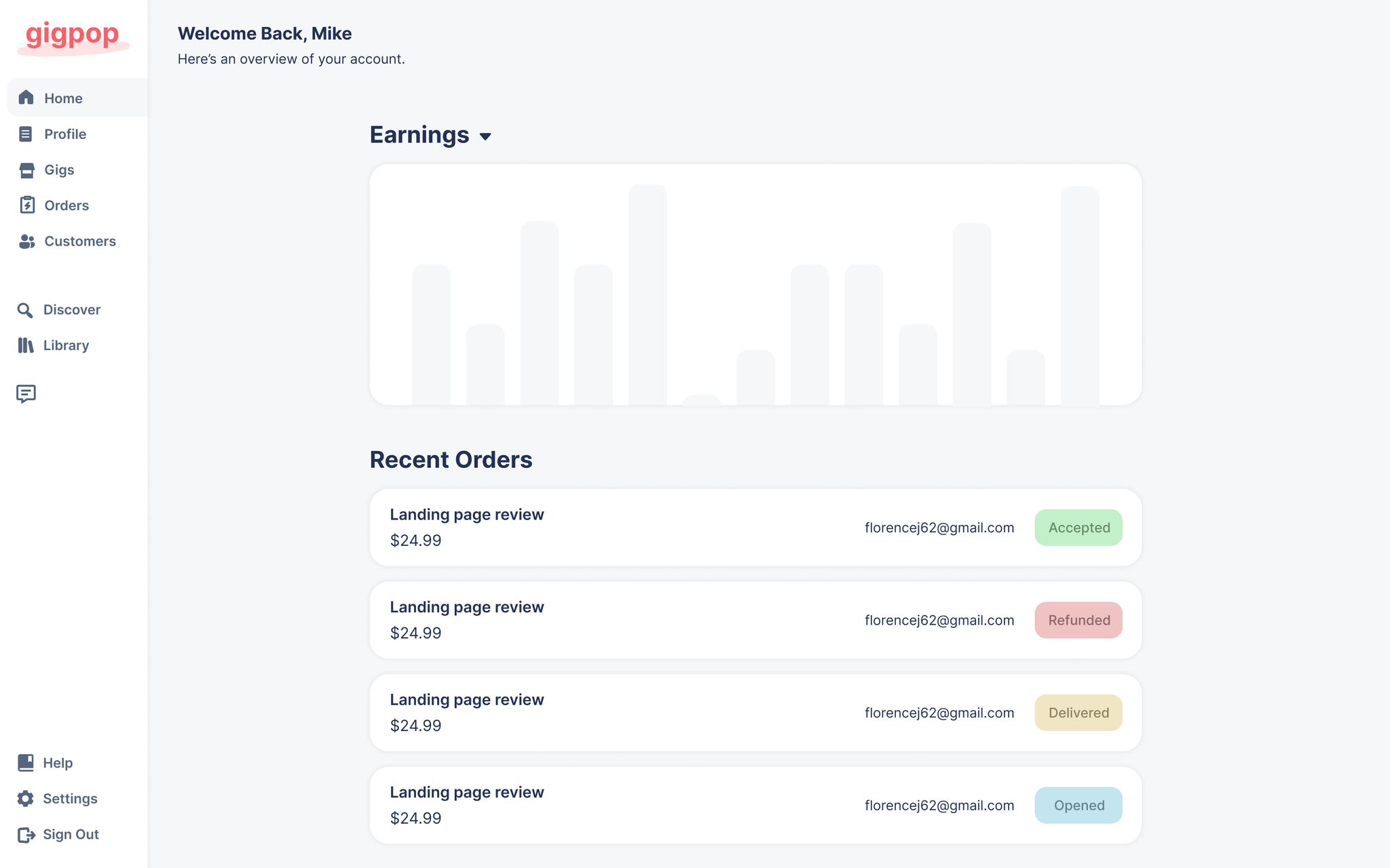 Seller dashboard with earnings and order management
