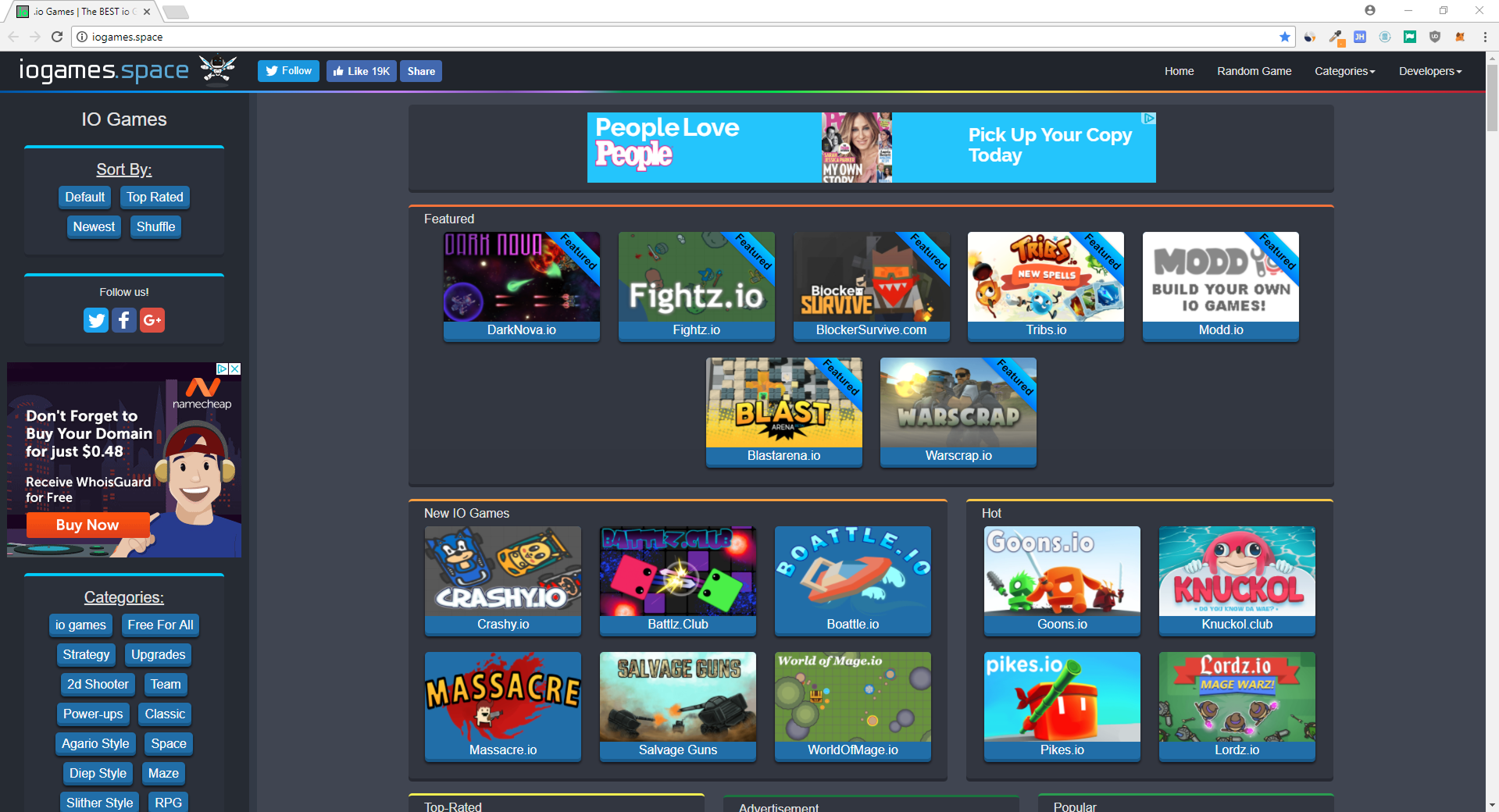 The iogames.space homepage — featured games, categories, and the 