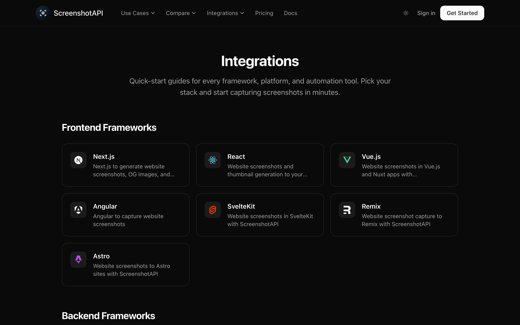 ScreenshotAPI's integrations — quick-start guides for 30+ frameworks, platforms, and automation tools
