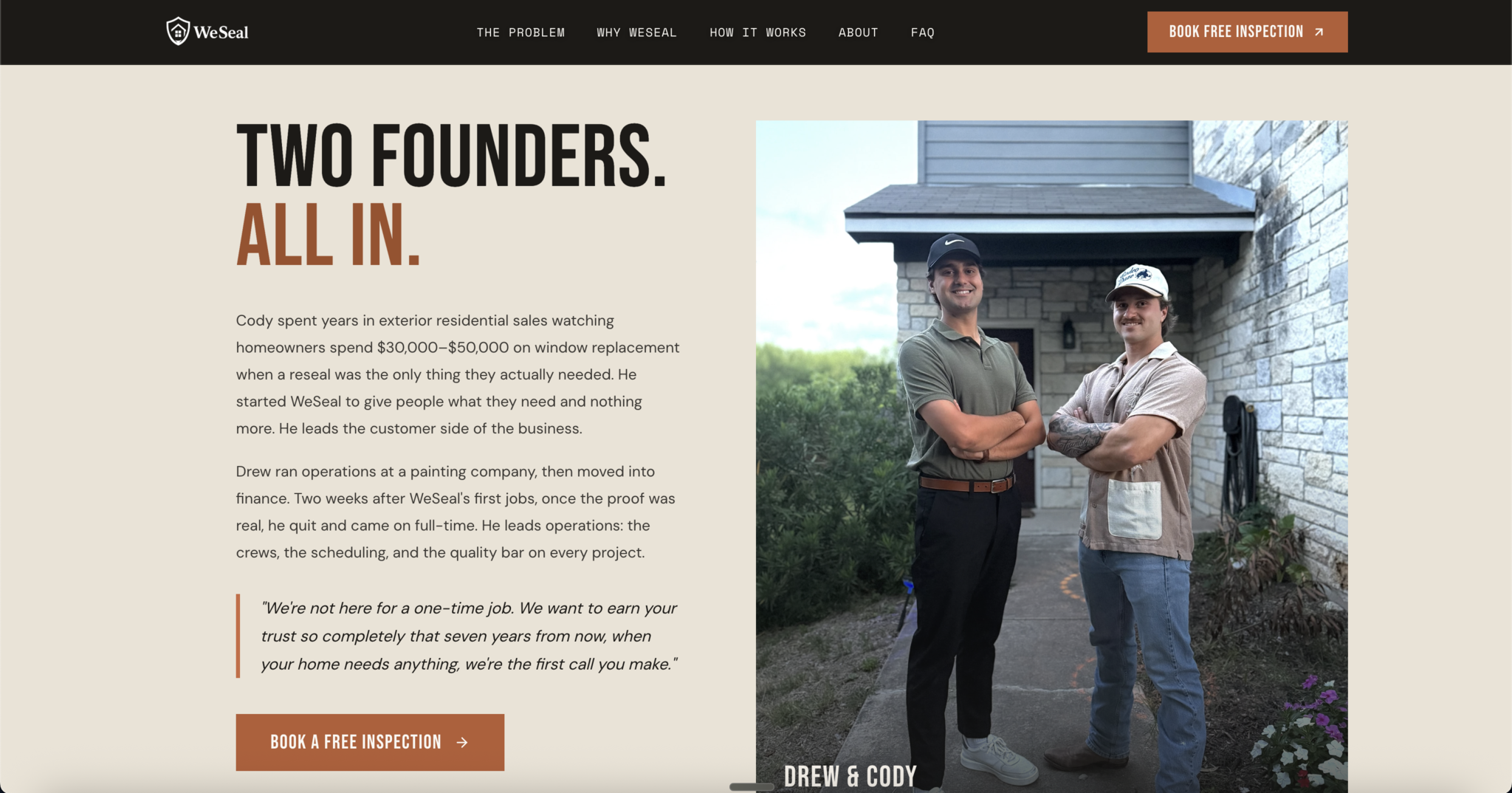 The WeSeal founders section with Drew and Cody photographed in front of a real customer home