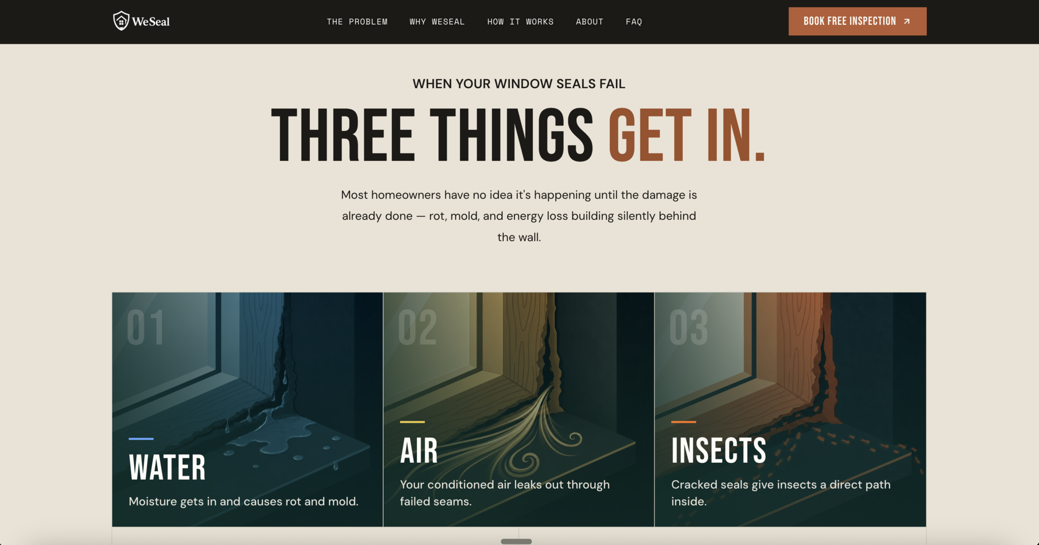 The WeSeal problem section explaining water, air, and insects as the three failure modes